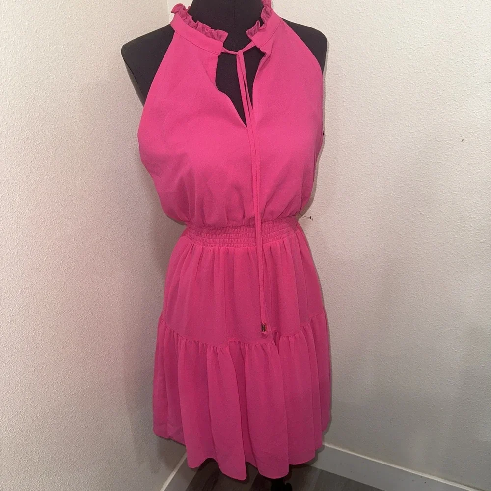 Vince Camuto NWT mini chiffon halter Dress sz 4pink tiered elastic waist Ruffled